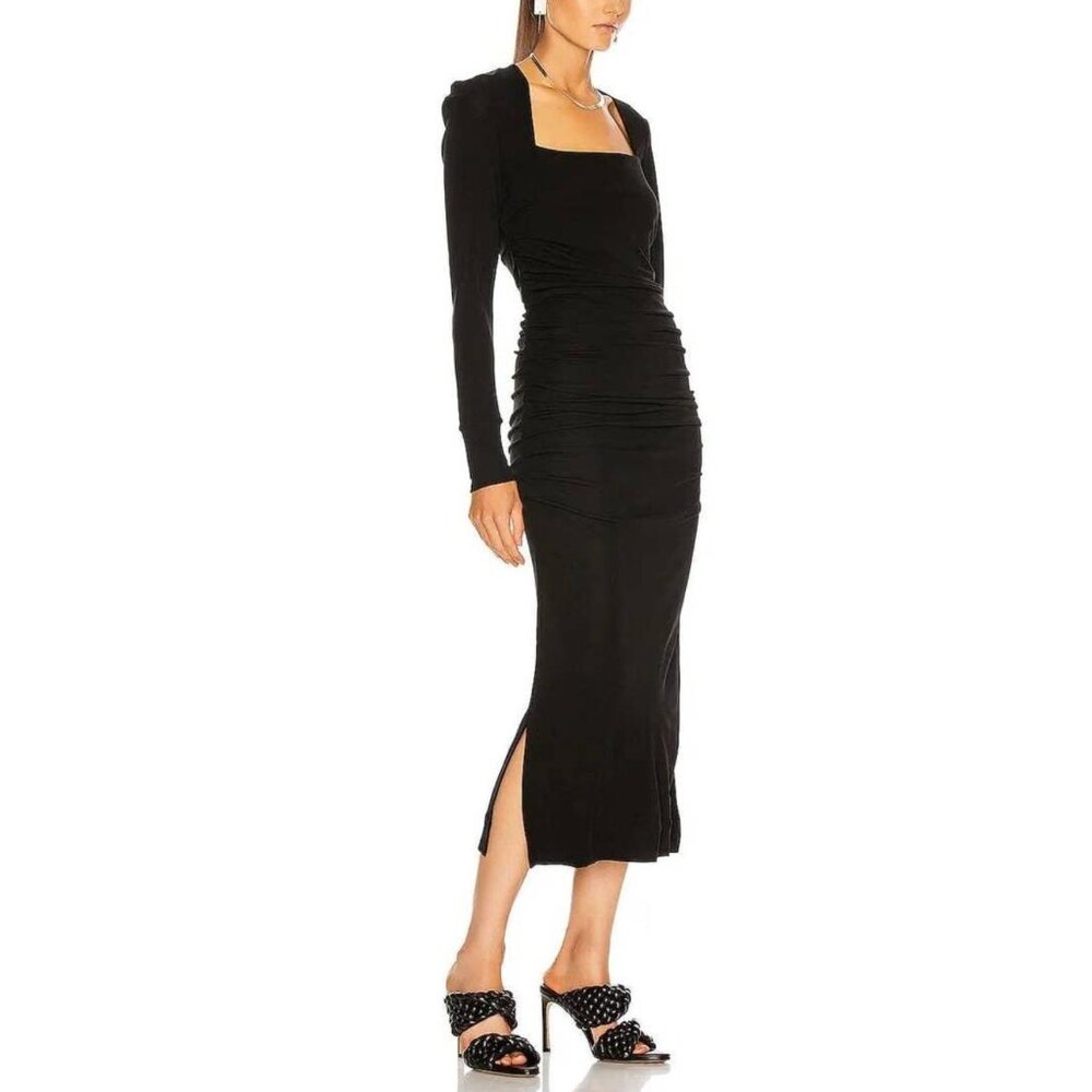 GANNI Black Ruched Crepe Maxi Dress Long Sleeve Square Neck EU 32 (US 0/2)